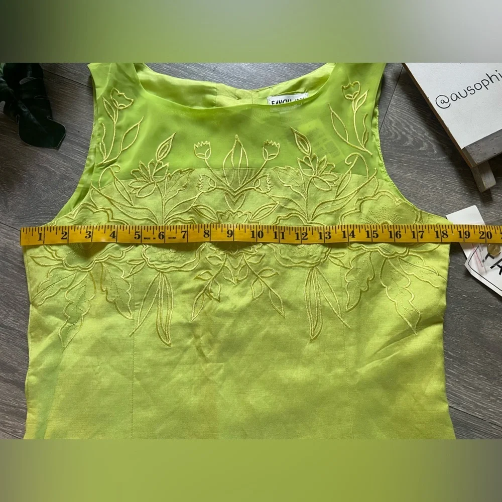 Vintage Fancy Lady Ramie Floral Embroidered Kiwi Green Sleeveless Top 10 NWT! - Picture 6 of 7